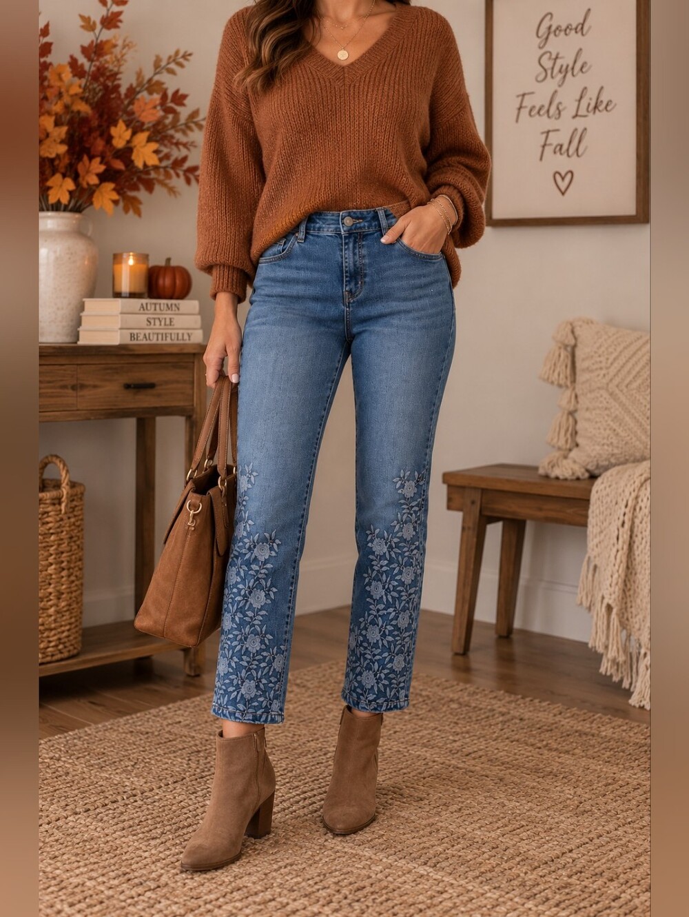 Chico's Floral Embroidered Ankle Skinny Jeans Medium Wash Stretch Denim Size 4